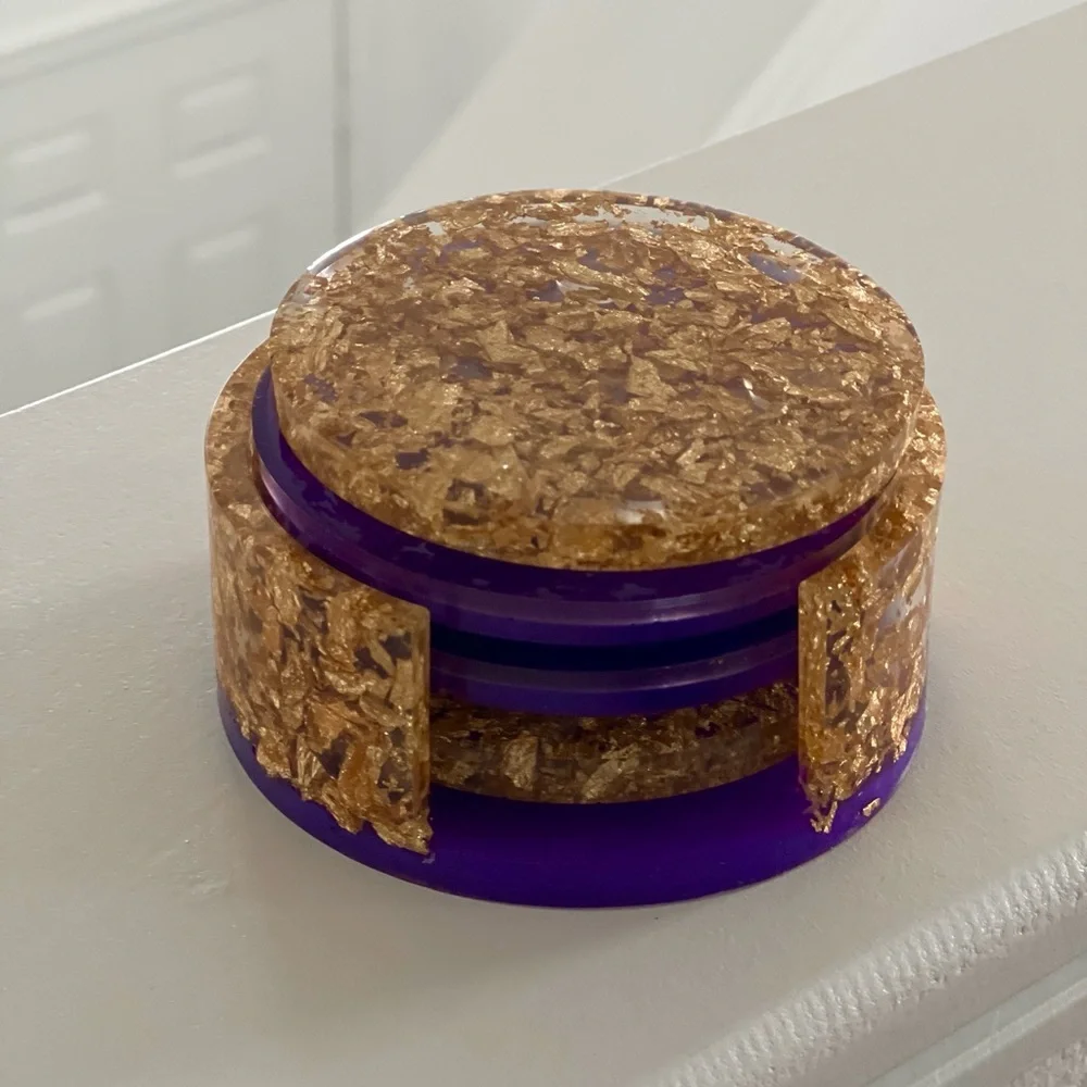Purple and Gold resin coasters with holder